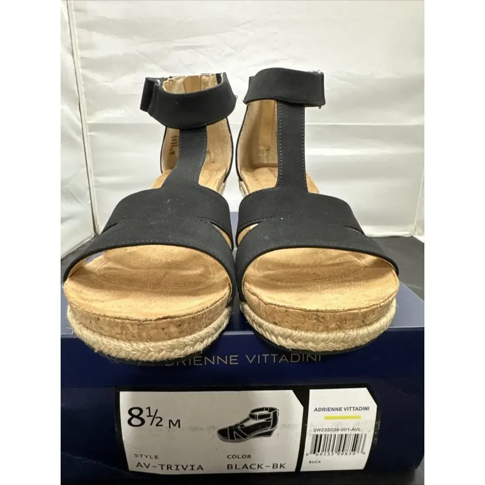 ADRIENNE VITTADINI TRIVIA Wedge Sandals Black Ankle Strap Women's Size 8.5 New